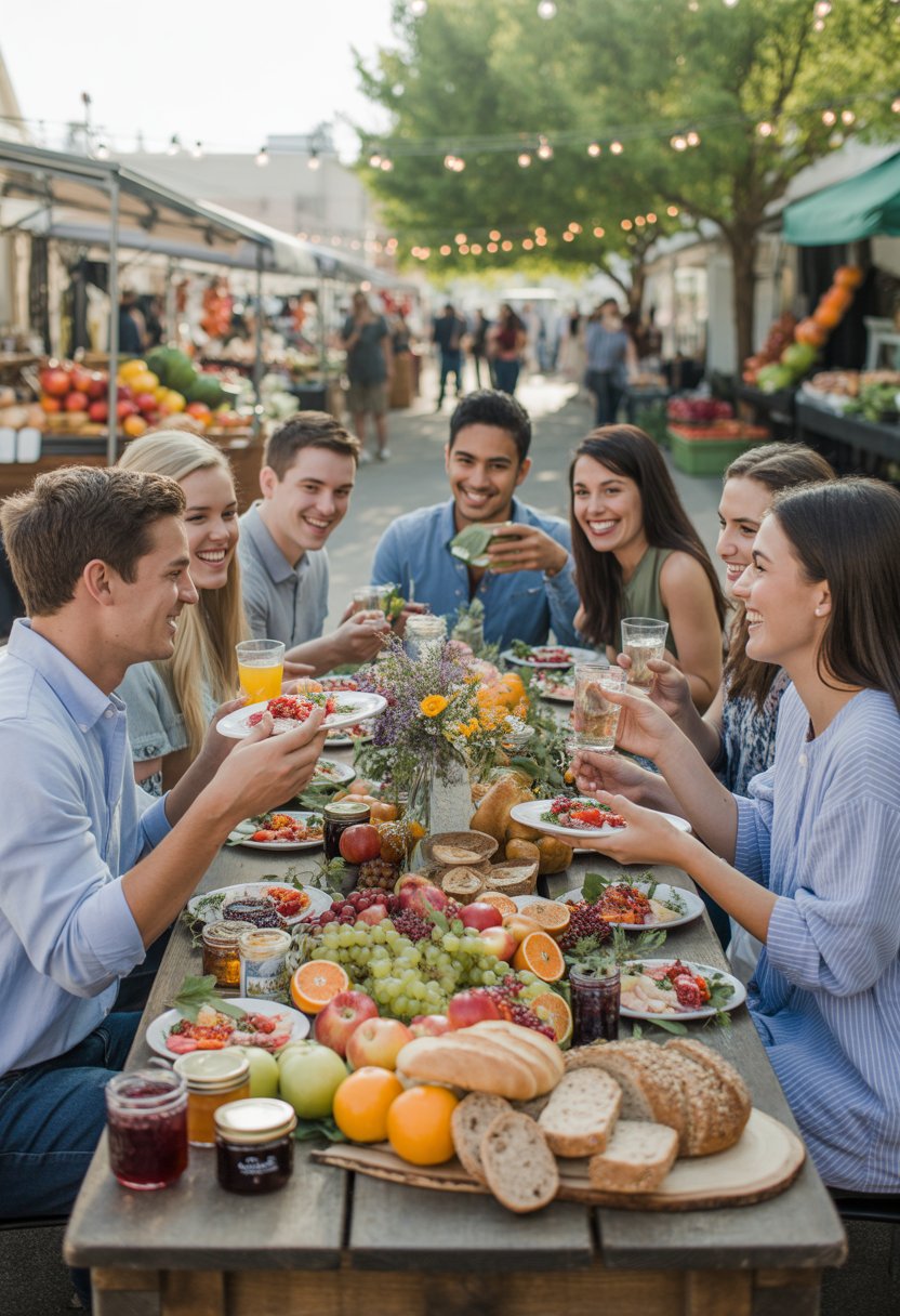 A group of people enjoying a casual outdoor brunch at a farmers market with fresh food and decorations.
